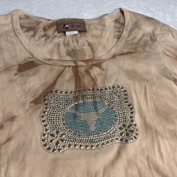 Don’t Mess With Texas Bedazzled Longhorn Tan Tie Dye 3/4 Sleeve Top Sz L Western - Picture 2 of 9